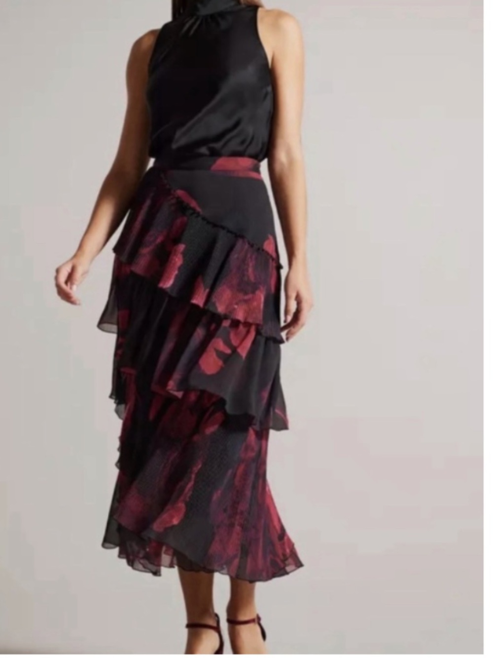 Ted Baker London "Ferelia" Magenta & Black Tiered Asymmetrical Skirt, US Size 10